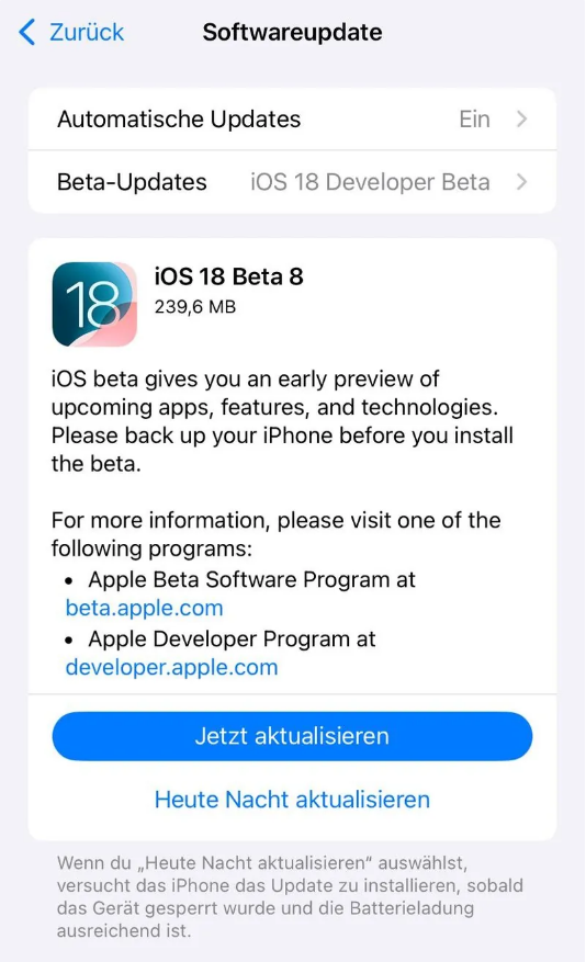 青山苹果手机维修分享苹果 iOS / iPadOS 18 开发者预览版 Beta 8 发布 